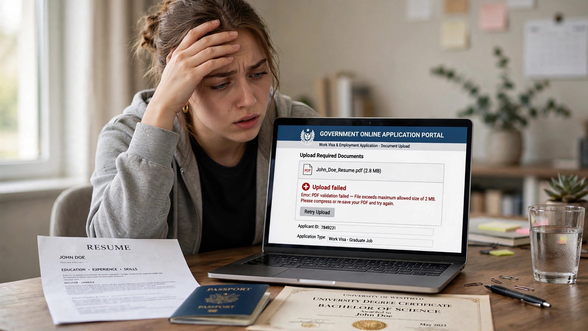 Frustrated applicant looking at a laptop showing a failed PDF upload, with a resume, passport and degree certificate on the desk